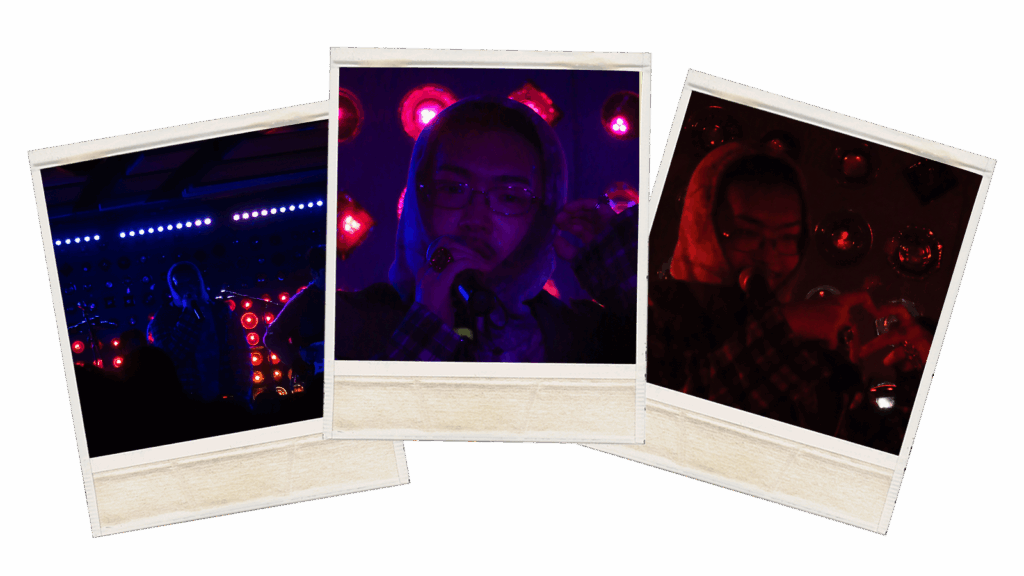 Three images in Polaroid frames of Hojean's performance at NYC.