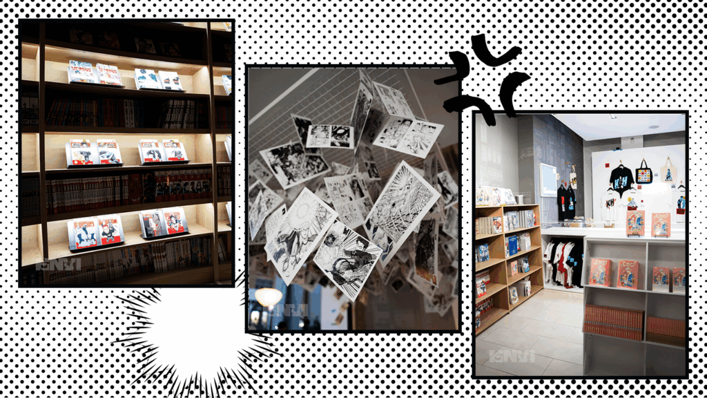 Left to right: A display case of comic books, manga pages hanging from the ceiling, and a shot of the popup's gift shop.