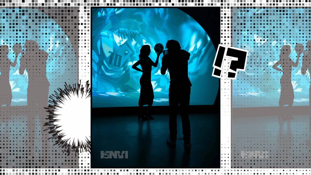 Two people standing in front of a blue-tinted screen, faces unseen. One person is posing while holding a ball, while the other is taking their photo.