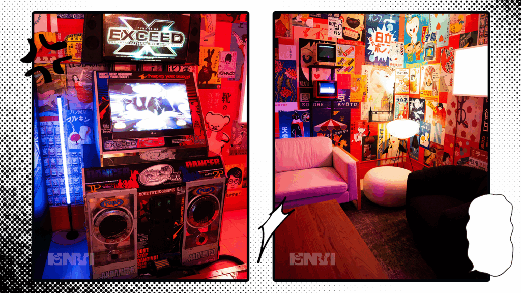 Left to right: an arcade machine and a seating lounge, its walls filled with multiple posters.