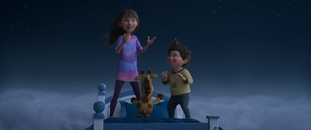 Stevie, Elliot, and Baloney Tony on a floating bed in the sky.