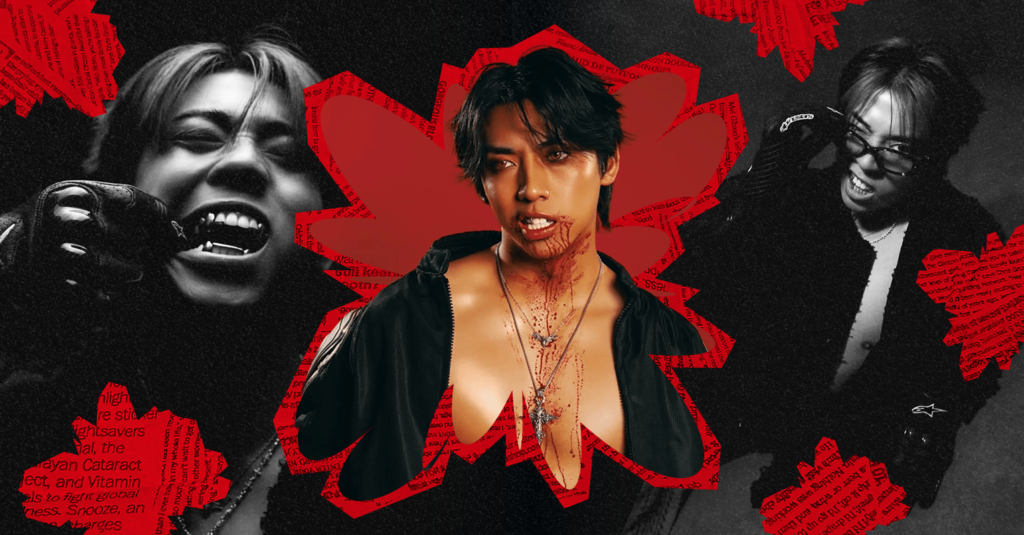 A black and red collage of Mad Tsai.