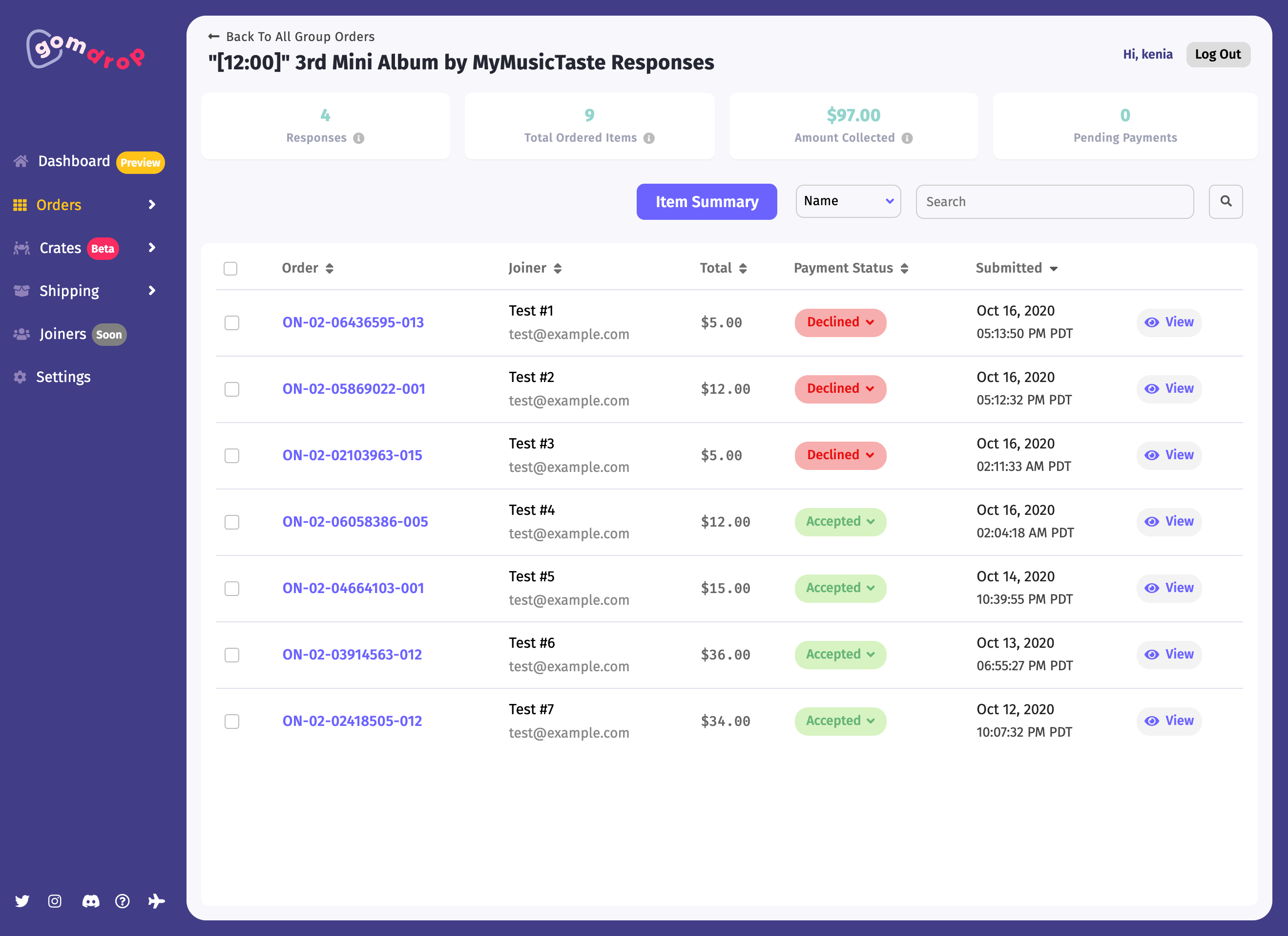 GOMdrop responses page.