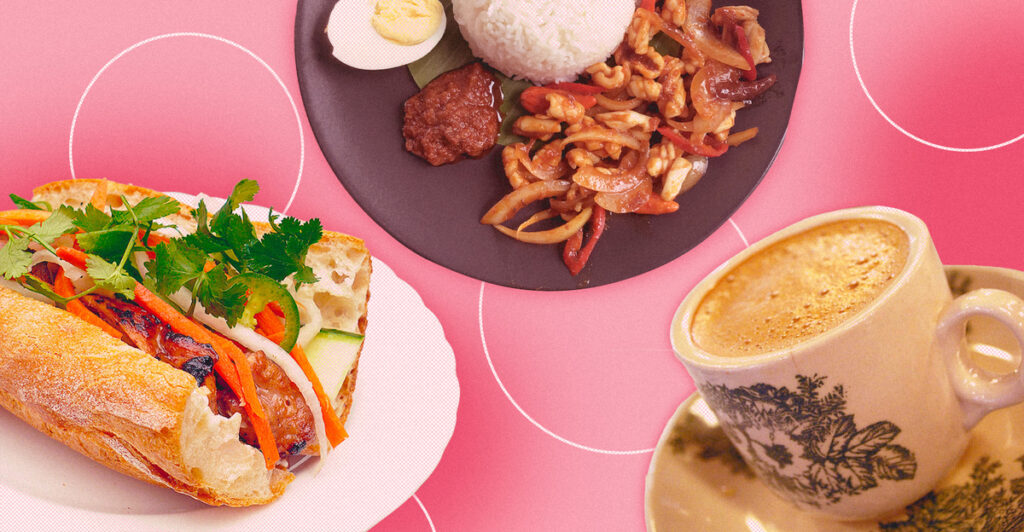 Southeast Asian breakfast. Pictured: banh mi, nasi lemak, and kopitiam.