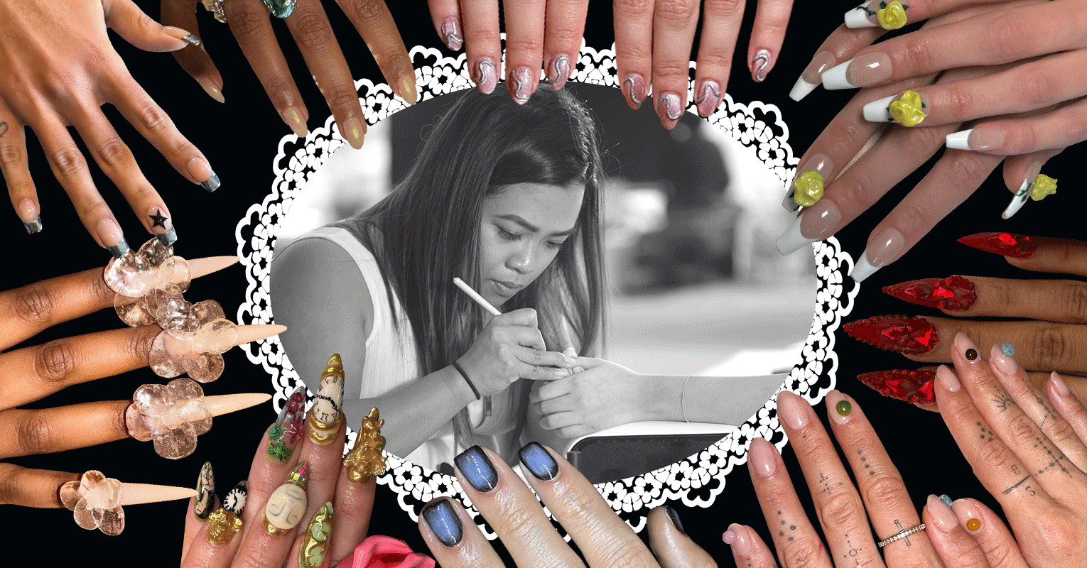 Multiple pairs of hands circle images of Asian nail artists who made impressive nails for the Met Gala.