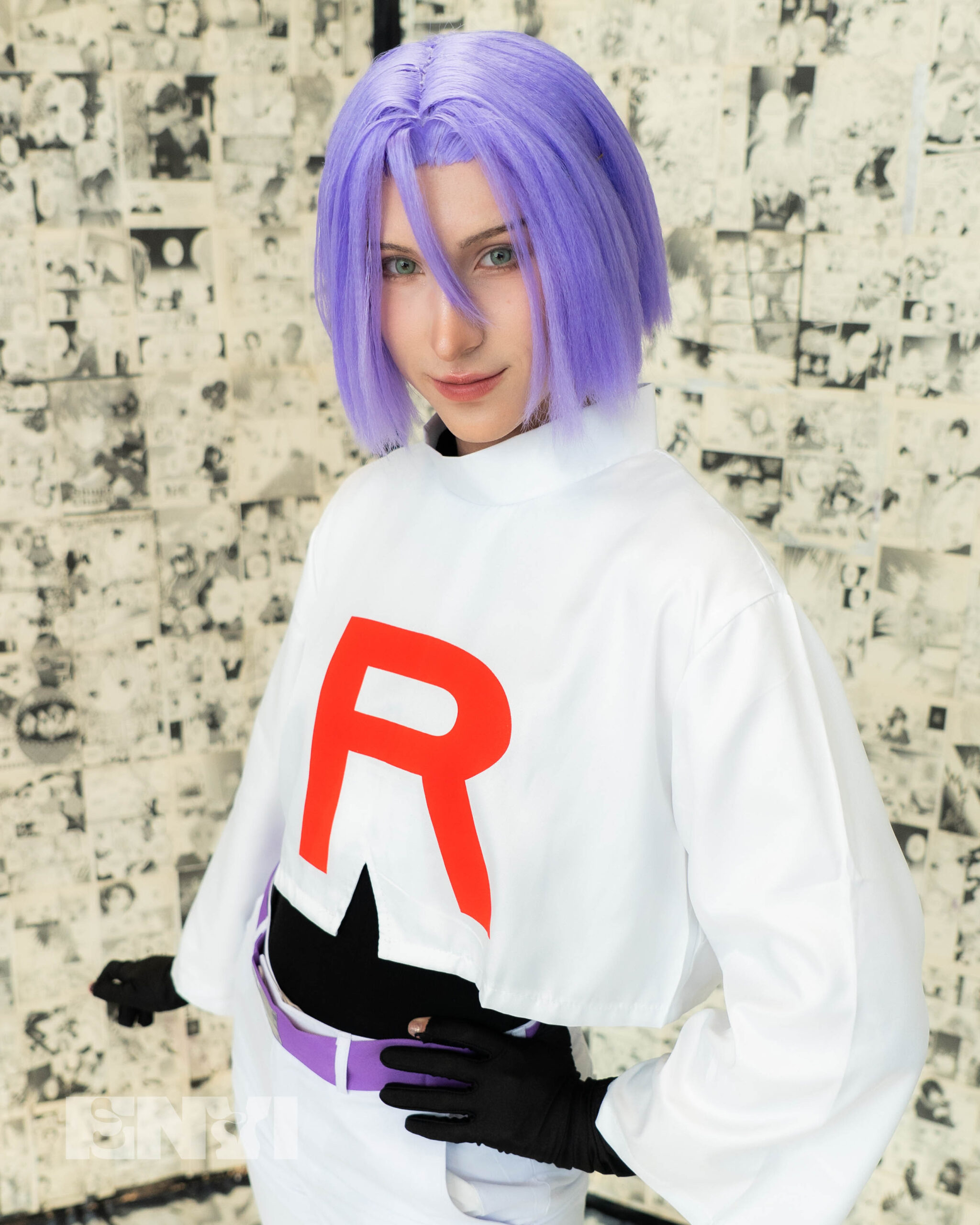Cosplayer Gale (allthepostnpans) dressed as James from Pokemon at Anime NYC 2025.