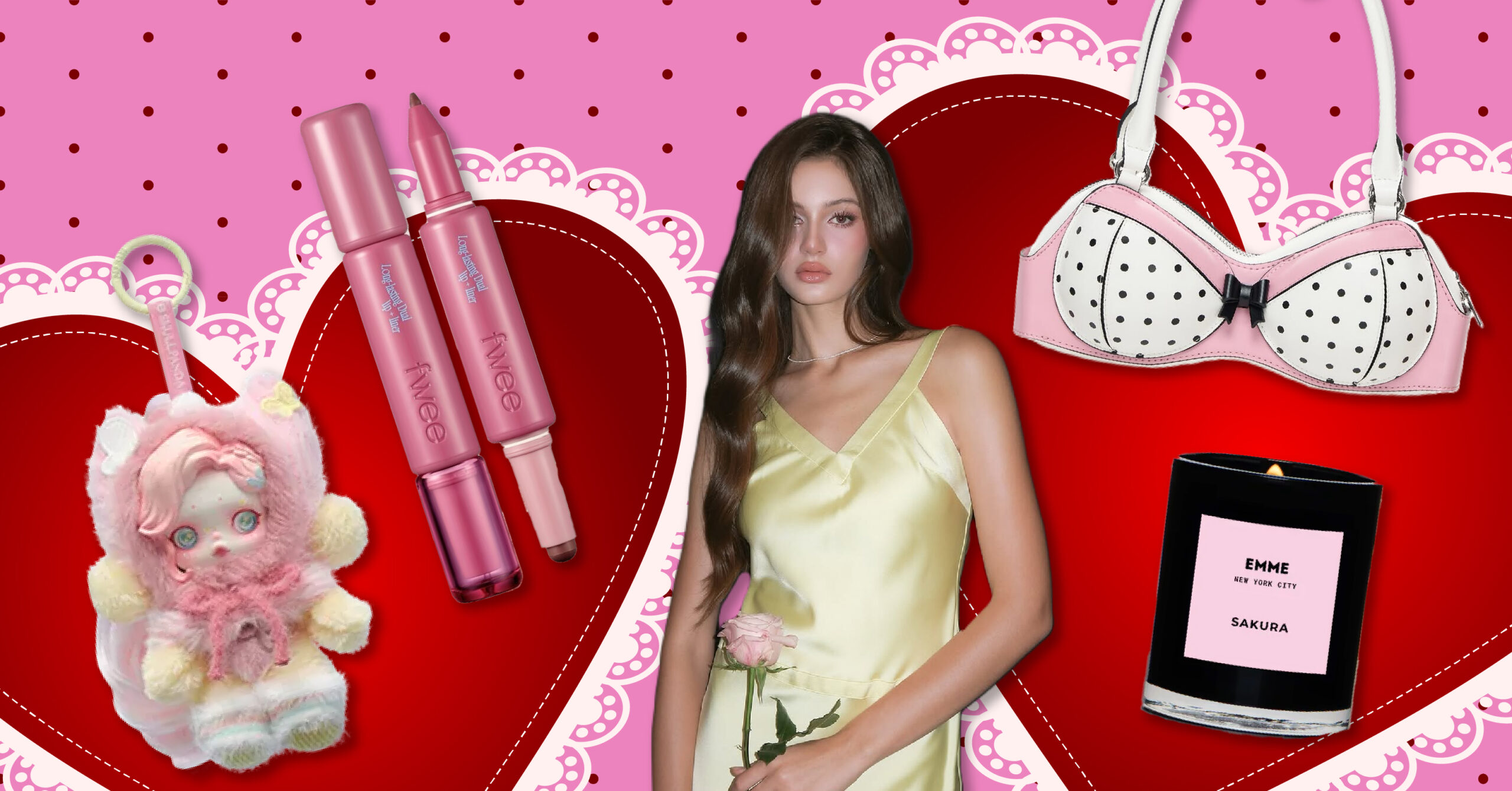 Several items over a pink polkadot background topped with two lacey red heart decorations.