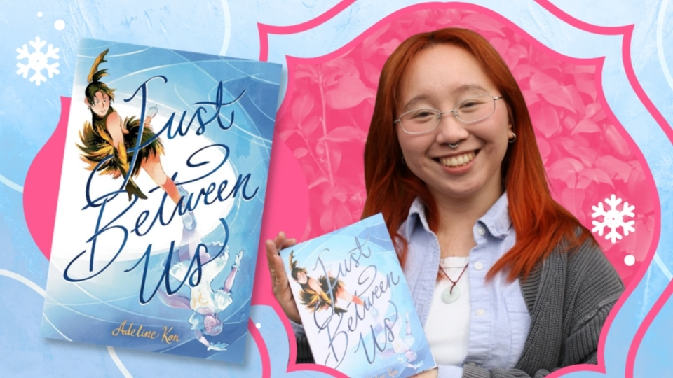 Collage of the cover of "Just Between Us", a graphic novel by Adeline Kon, and the photo of the author themself posing with the book.