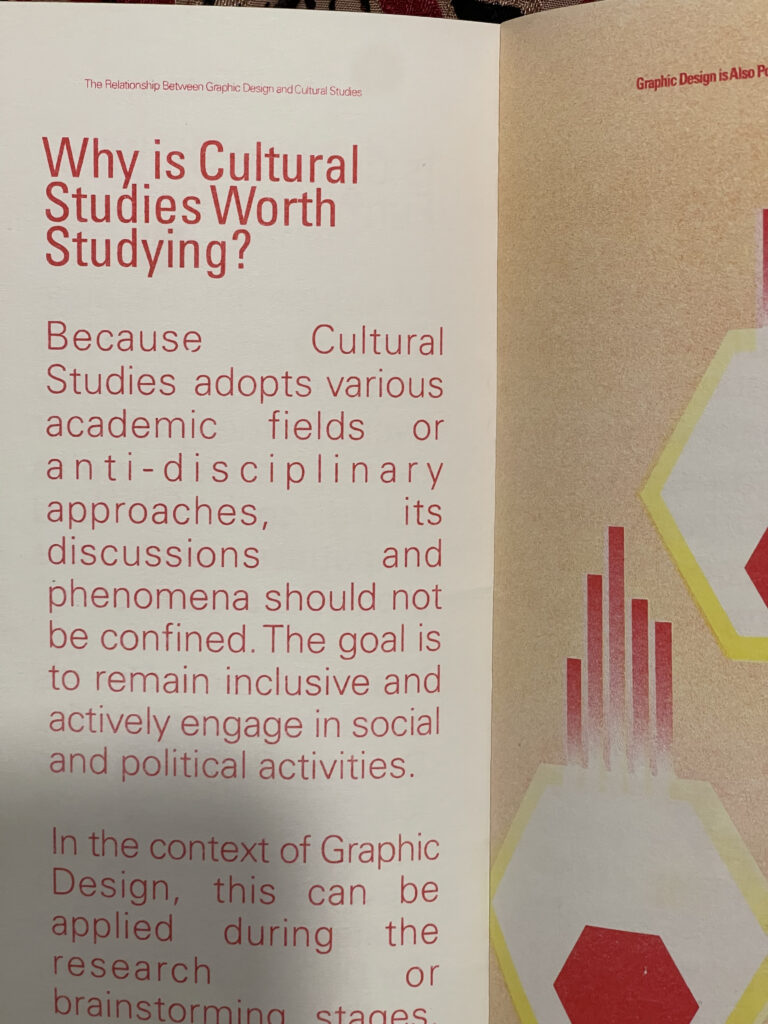 A page from the "Graphic Design is also Political" zine by Adriyan Huda. The page has a heading which says "Why is Cultural Studies Worth Studying?".