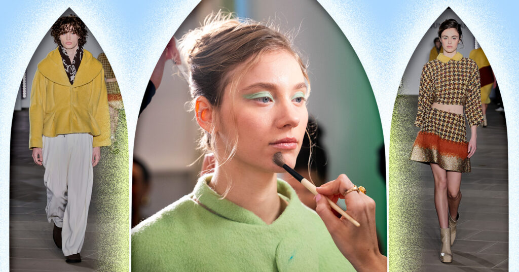 A large window cut out shows a model having her makeup done. To each side of her are small window cutouts that each show a model wearing a runway look featuring maize yellow. The background around the frames is pale blue.
