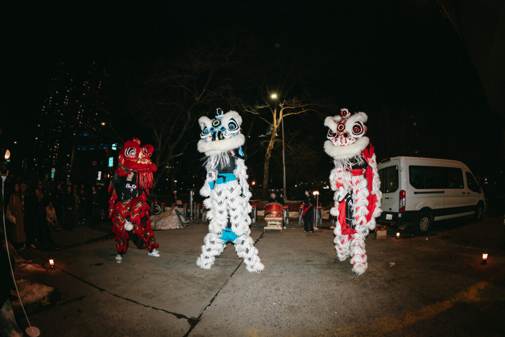 Three lion dancers, one red and two white.