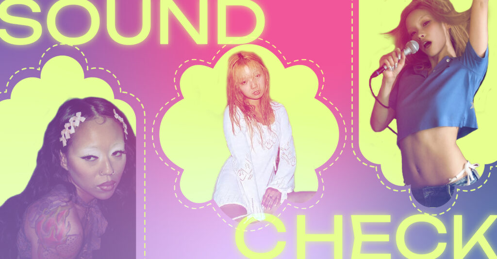 SAILORR, Tiffany Day, and Lexie Liu are framed in bright yellow-green shapes on a pink, purple, and blue gradient background. Text in the same yellow-green says Sound Check.