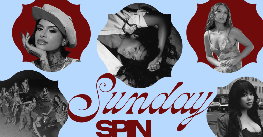 Sunday Spin April 12, 2026. Clockwise from bottom left: BINI, Kehlani, Simone Ashley, Laufey, and Denise Julia.
