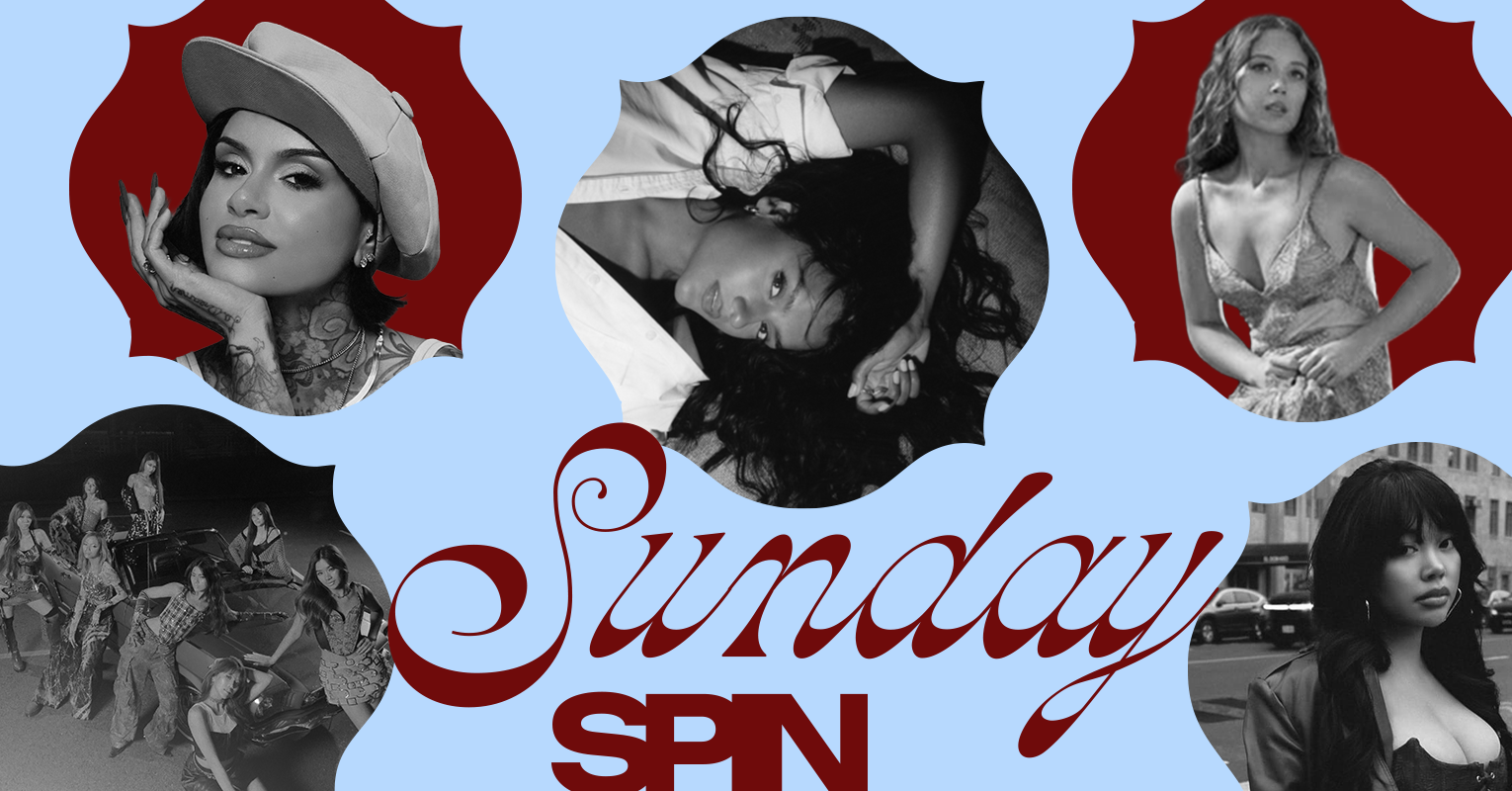 Sunday Spin April 12, 2026. Clockwise from bottom left: BINI, Kehlani, Simone Ashley, Laufey, and Denise Julia.