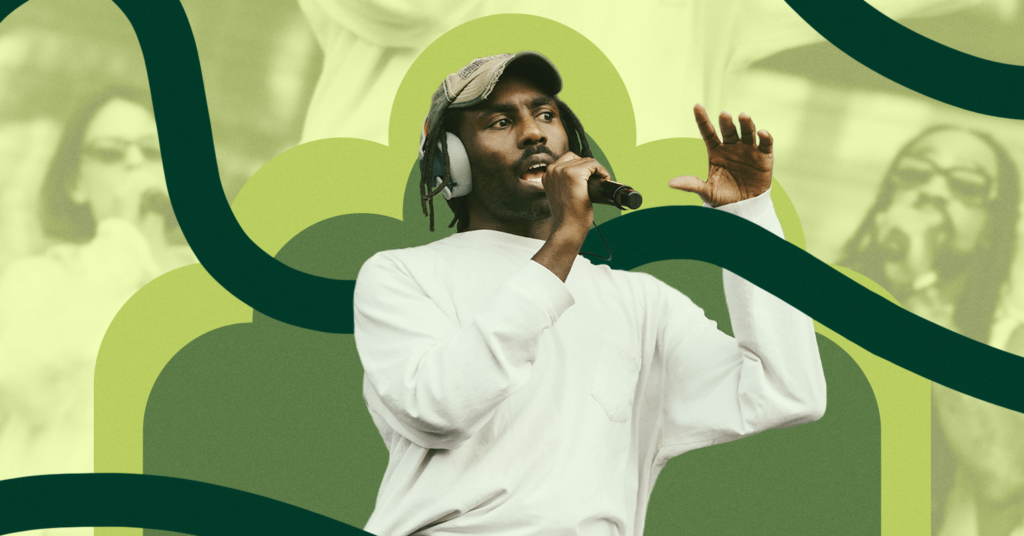 A green graphic background behind Blood Orange, a Black man in a white shirt.
